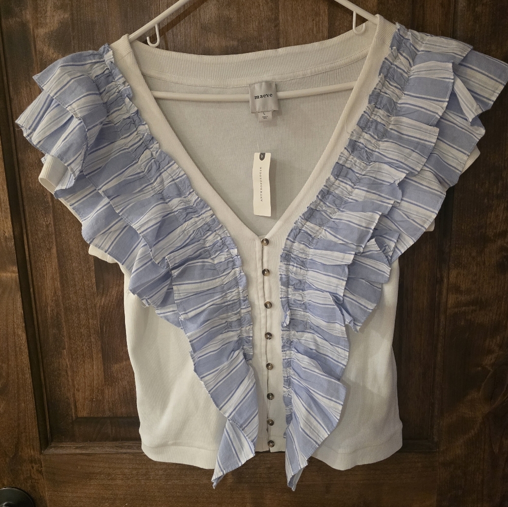 Anthropologie White and Blue Ruffle V-Neck Blouse